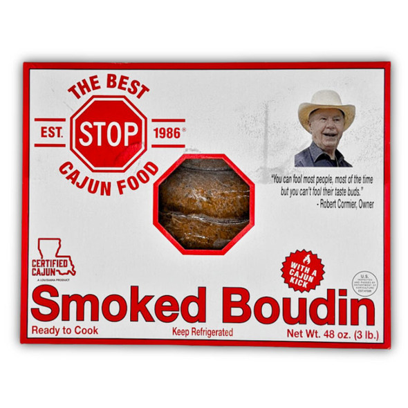 The Best Stop Smoked Boudin 48oz, packaging with a picture of smoked boudin sausage, logo, and a quote from the owner.
