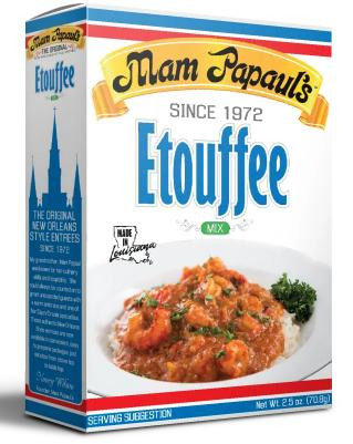 Mam Papaul's Etouffee Mix, product packaging with an image of prepared etouffee dish garnished with parsley.