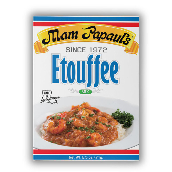 Mam Papaul's Etouffee Mix, packaged product with an image of prepared shrimp etouffee served over rice topped with chopped parsley.