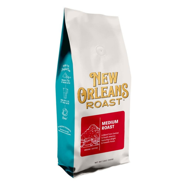 New Orleans Roast Medium Roast 12oz Ground, ground coffee in a white and blue package with red label and gold lettering.