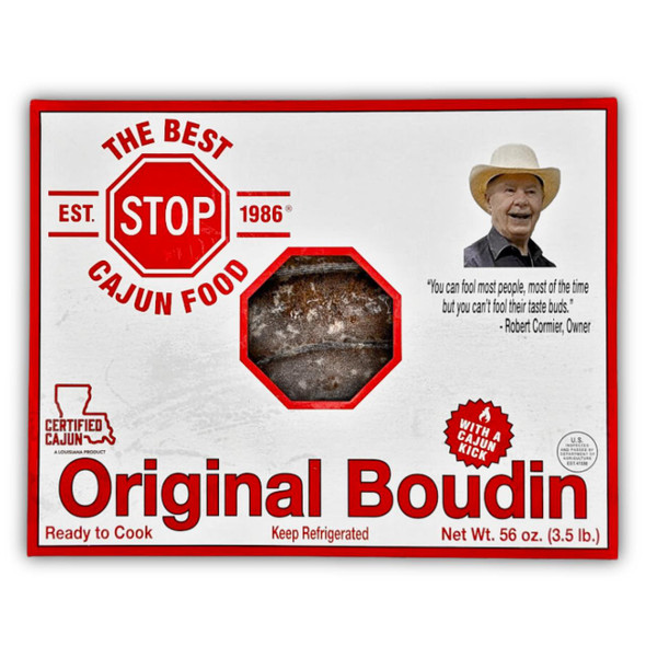 The Best Stop Original Boudin 56oz , packaged Cajun food product with a red and white label, featuring a photo of a smiling man, a quote, and a transparent window showing the cooked boudin inside.