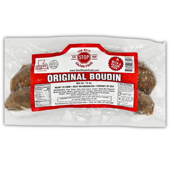The Best Stop Original Boudin 14oz, packaged in a clear plastic bag with a red label showing product details.