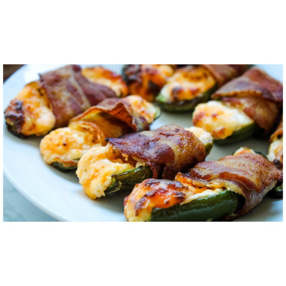Big Easy Foods Bacon Wrapped Stuffed Jalapenos Cream Cheese & Cheddar 4 Pack, prepared jalapenos wrapped in bacon filled with cream cheese and cheddar cheese on a white plate.