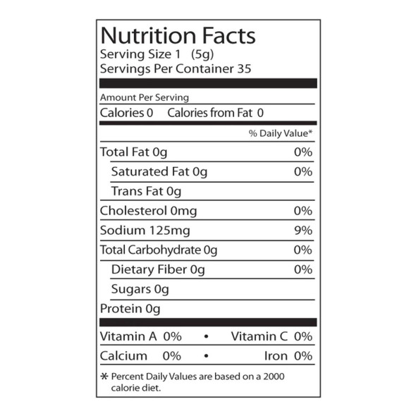 Slap Ya Mama Cajun Pepper Sauce 5oz, image of product nutritional facts label showing zero calories, fat, cholesterol, sugars, protein, and vitamins with sodium at 125mg.