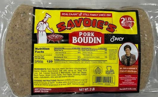 Savoie's Spicy Boudin 2lb, packaged pork sausage with visible seasoning and spices.