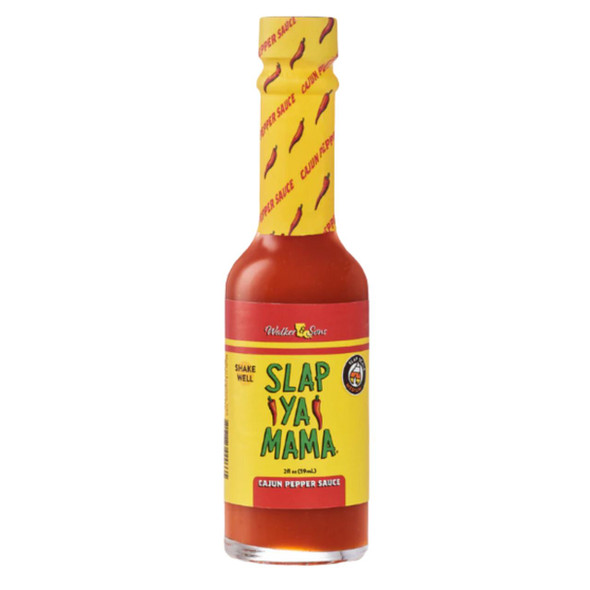 Slap Ya Mama Cajun Pepper Sauce 2oz, spicy red pepper sauce in a small glass bottle with a yellow and red label and a yellow cap band featuring red chili peppers.