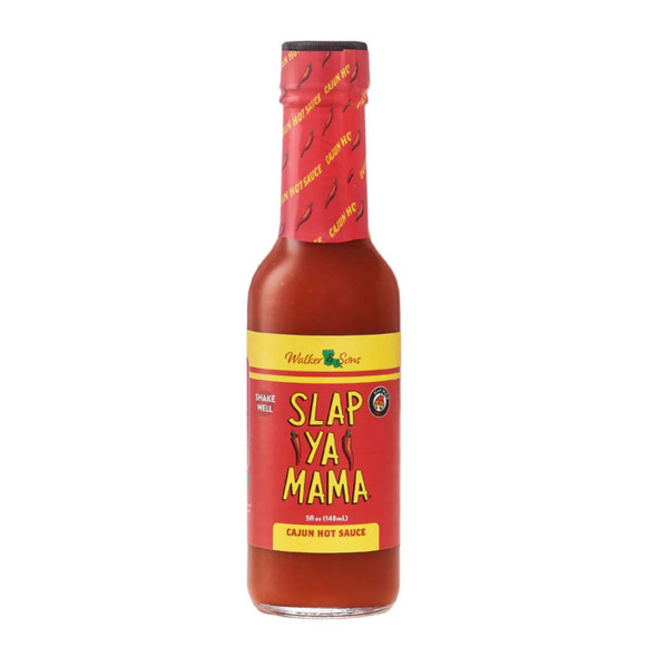 Slap Ya Mama Cajun Hot Sauce 5oz, a glass bottle of spicy red hot sauce with a red and yellow label and red cap, designed for enhancing Cajun dishes.