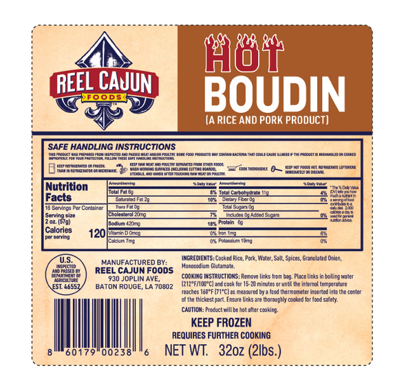Reel Cajun Hot Pork Boudin 2lb