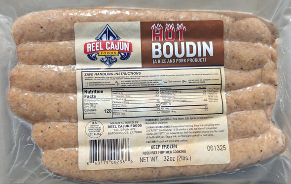 Reel Cajun Hot Pork Boudin 2lb, packaged rice and pork sausage in clear plastic wrapping with nutrition label and branding.