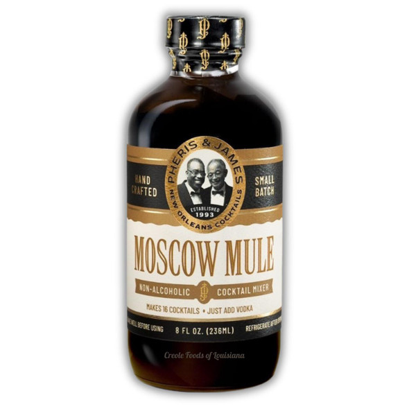 Pheris & James Moscow Mule Cocktail Mix, 8 fl oz - Bottle of non-alcoholic cocktail mix in a dark glass bottle with a black and gold label and cap, featuring an image of two men in tuxedos.