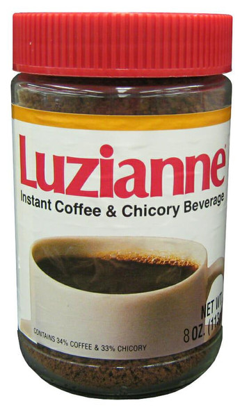 Luzianne Instant Coffee & Chicory 8 oz, jar with a red lid and label showing a cup of coffee and product details.