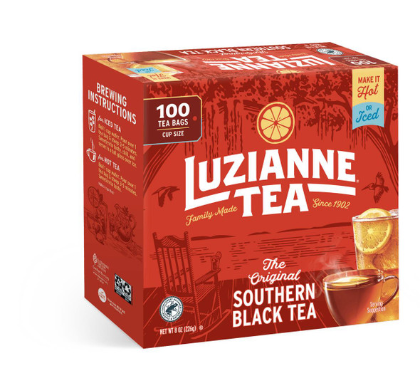 Luzianne Single Tea Bags 100 Count, red box of black tea bags with images of tea and lemon slices, and brewing instructions on the side.