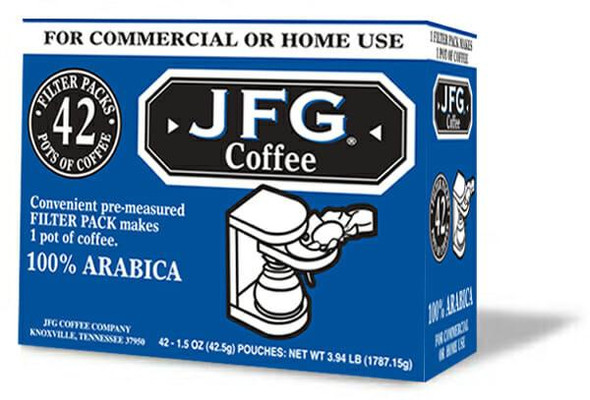 JFG Filter Pack 42, coffee filter pack box with 1.5 oz size for commercial or home use.