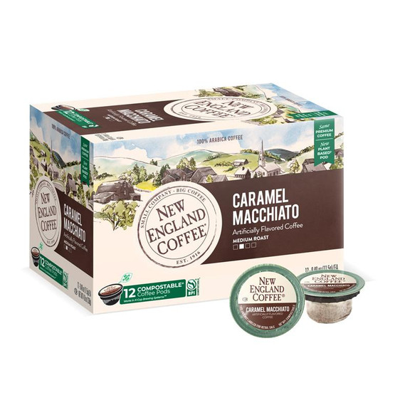 New England Coffee Captain Griswold Bold Decision Single Serve 10 ct Box, image showing a box of coffee pods with caramel macchiato flavor and an image of the coffee cup on the packaging.