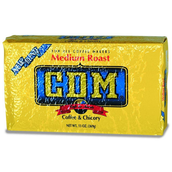 CDM Coffee & Chicory Medium Roast Bag, yellow packaging with blue and red accents, 13 oz. net weight, for coffee makers.
