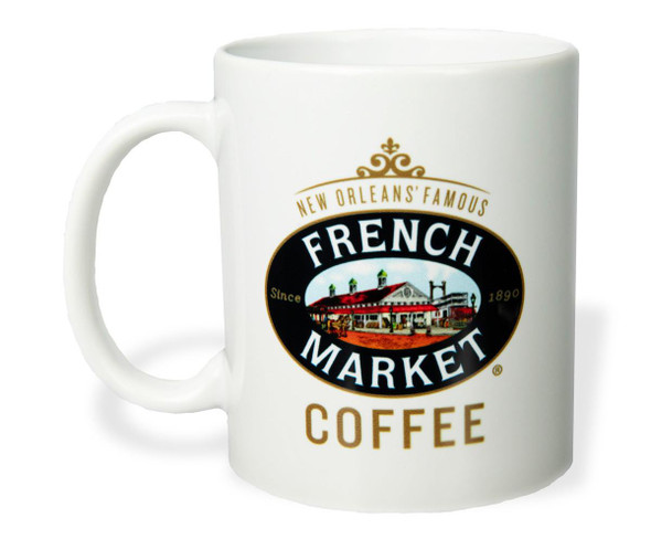 French Market Coffee White Ceramic Mug, featuring a vintage French Market logo with colorful illustration and gold accents.