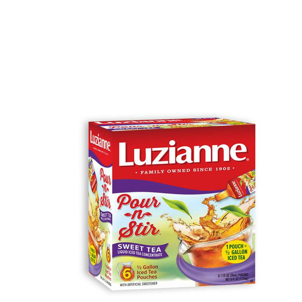 Luzianne Tea Pour-n-Stir Sweet 2 Quart 6 Count, box of sweet iced tea concentrate with pouring instruction and image of tea being poured into a cup.
