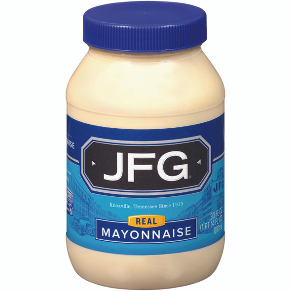 JFG Mayonnaise 30 oz, jar of mayonnaise with blue label and cap, featuring the JFG brand logo and product description.