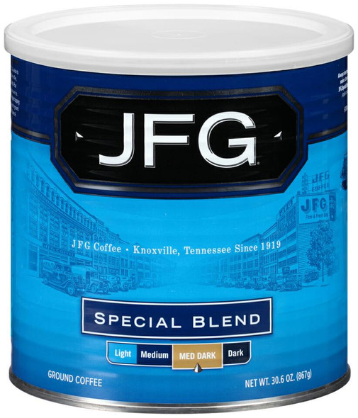 JFG Special Blend 30 oz Can, coffee ground in a blue container with a white lid and black label with white text.
