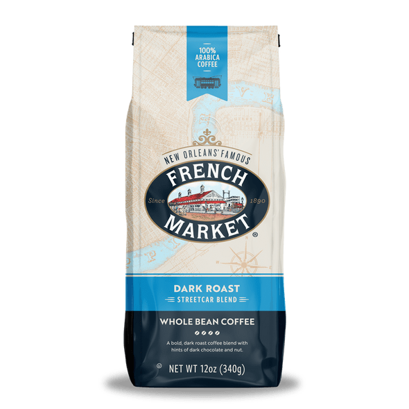 French Market Coffee Streetcar Blend Dark Roast Whole Bean Blue Bag 12 oz.