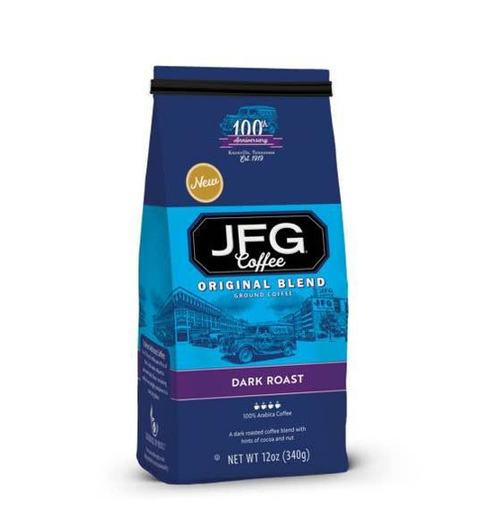 JFG Original Blend Dark Roast 12 oz, package of ground coffee in blue and purple bag with coffee shop illustration.