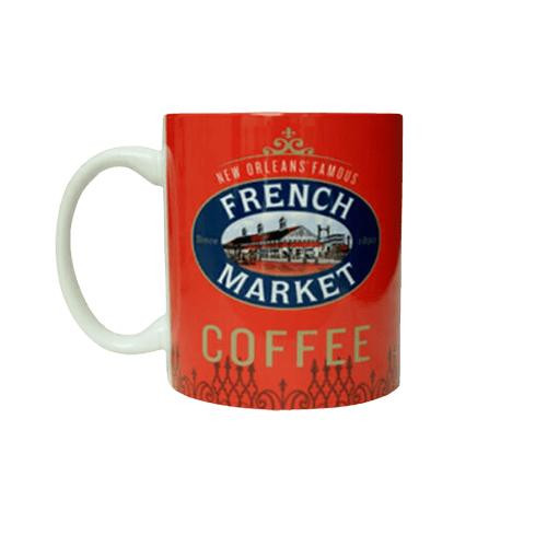 French Market Coffee Red Ceramic Mug, a vibrant red ceramic mug featuring the French Market logo and branding for coffee.