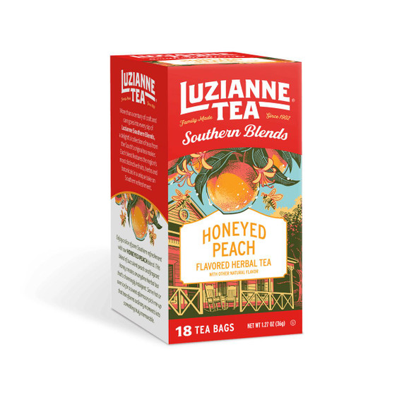 Luzianne Honeyed Peach Flavored Herbal Tea, box of 18 tea bags with colorful peach, honey, and herbal leaf illustrations on the packaging.
