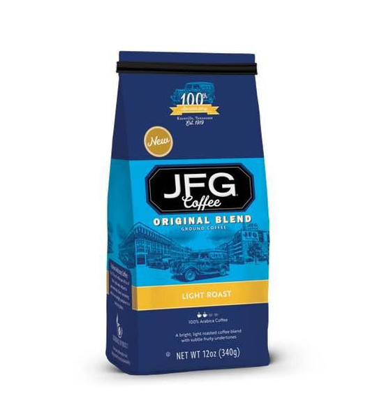 JFG Original Blend Light Roast 12 oz, blue and yellow coffee bag with vintage car illustration.