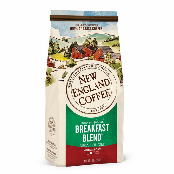 New England Coffee Breakfast Blend Decaf Ground 10 oz, illustrated coffee bag featuring a scenic farmhouse landscape, with branding and product details on the front.