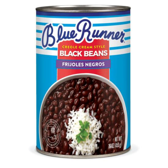 Blue Runner Refried Black Beans 16oz, can of creole cream style black beans with an image of the beans in a bowl garnished with cilantro on the label.