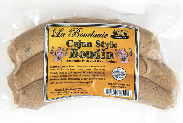 La Boucherie Cajun Style Boudin, 16oz, packaged pork and rice sausage with visible seasoning and herbs in clear plastic package