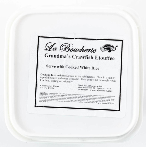 La Boucherie Crawfish Étouffée 1.75lb, label on a white container showing product name and cooking instructions.