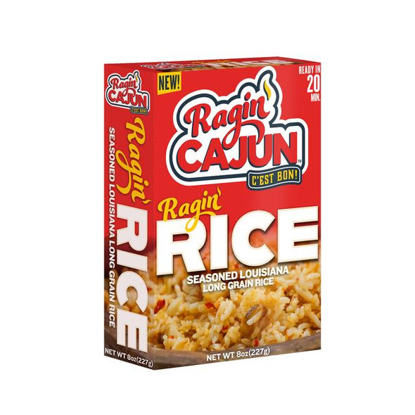 Ragin Cajun Ragin' Cajun Ragin' Rice 8 oz, seasoned Louisiana long grain rice packaged in a red box featuring a picture of cooked rice and bold text.
