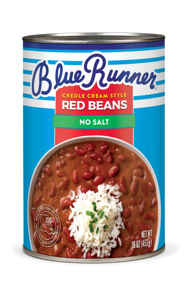 Blue Runner No Salt Creole Cream Style Red Beans 16oz, image showing a can of creole style red beans with a label highlighting no salt added and a serving suggestion of beans with rice.