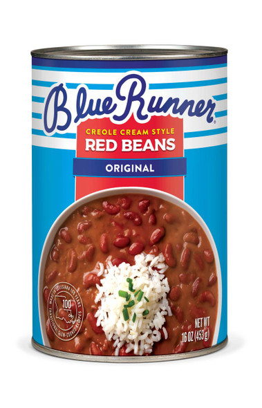 Blue Runner Creole Cream Style Original Red Beans 16oz can, showcasing the product label with a picture of red beans in a creamy sauce served with rice.