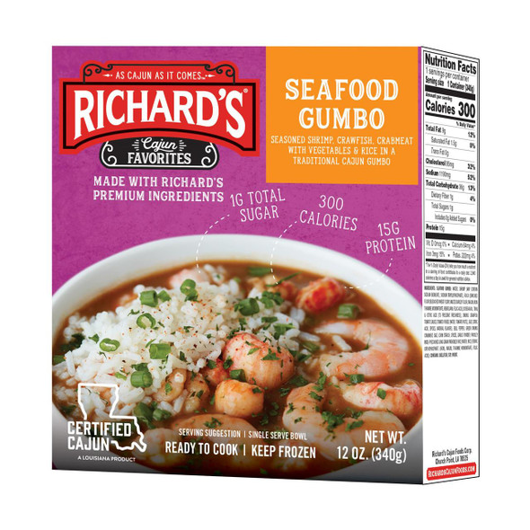 Richard's Richards Seafood Gumbo, packaging of seasoned shrimp, crawfish, crab meat with vegetables and rice in a traditional Cajun gumbo.