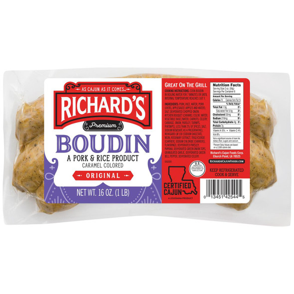 Richard's Richards Original Boudin 1lb, packaged pork and rice sausage with caramel color coating in transparent vacuum-sealed packaging.