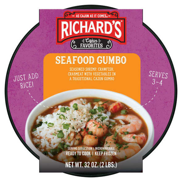 Richard's Richards Seafood Gumbo 32oz - packaged seafood gumbo with shrimp, crawfish, crabmeat, vegetables, served over rice.