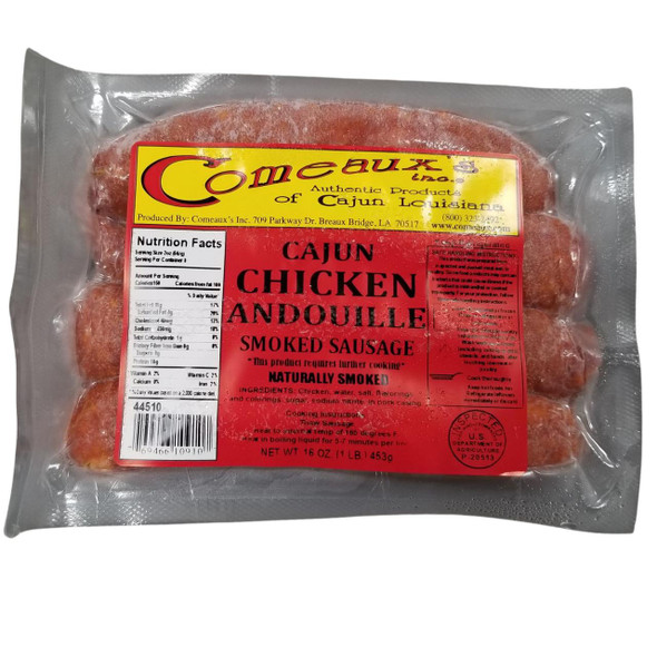Comeaux's Chicken Andouille 1lb, packaged smoked sausage with colorful label and transparent plastic wrapping.