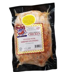 Poche's Stuffed Chicken with Shrimp 3lb, packaged raw chicken with shrimp stuffing in clear plastic vacuum-sealed bag.