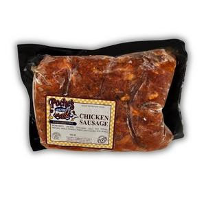 Poche's Poches Chicken Sausage (Fresh) 1lb, packaged chicken sausage in vacuum-sealed black plastic bag with product label