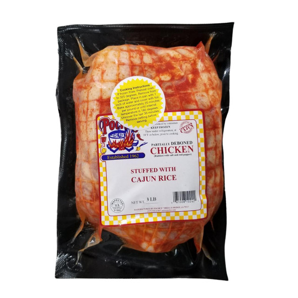 Poche's Stuffed Chicken with Cajun Rice 3lb, packaged frozen stuffed chicken with seasoned rice inside a vacuum-sealed bag.