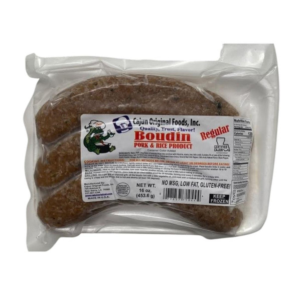 Cajun Original Pork Boudin 1lb, packaged raw pork and rice sausage in clear vacuum-sealed plastic with a label.