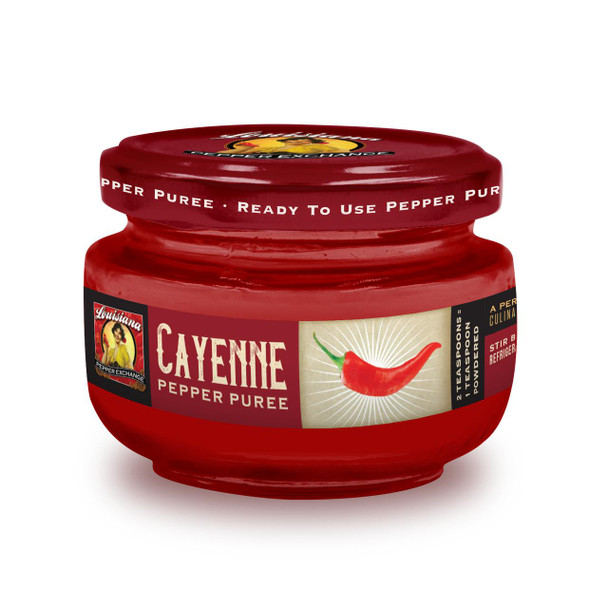 Cayenne Pepper Puree, 4oz Louisiana Pepper Exchange jar, red container with label and chili pepper graphic for spicy flavor.