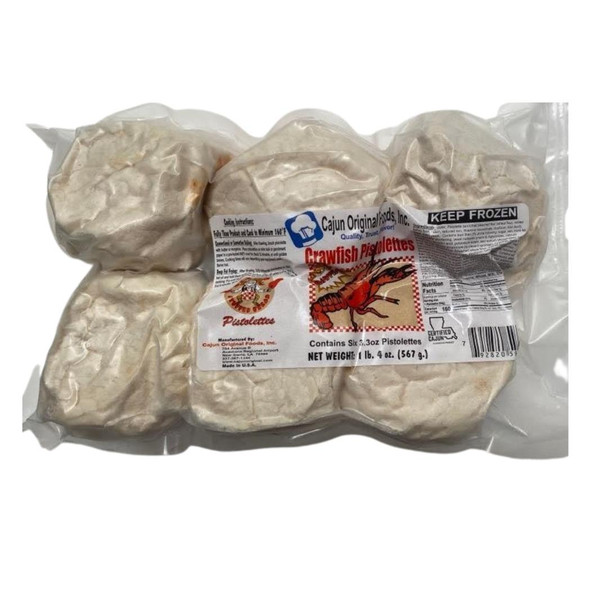 Cajun Original Crawfish Pistolettes 6pk, frozen crawfish pistolettes in clear plastic packaging with label showing product details and brand logo.