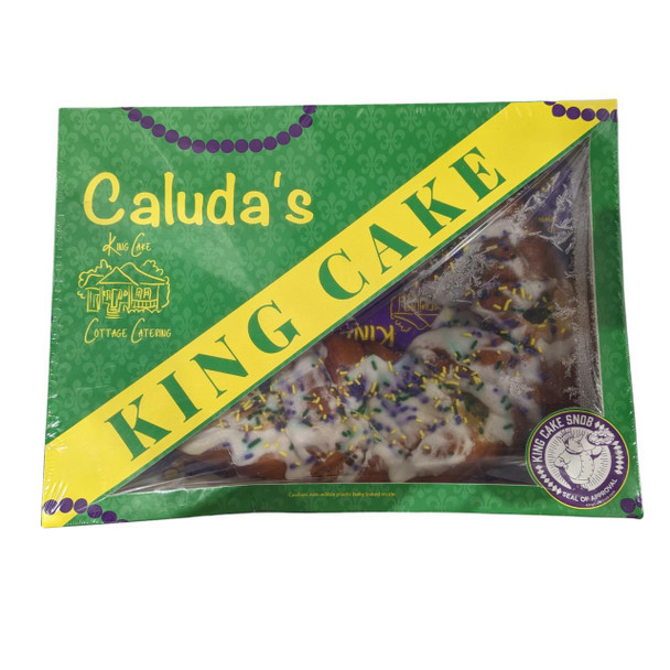 Caluda's Bavarian King Cake, colorful pre-packaged king cake with white icing and rainbow sprinkles visible through the clear plastic window.