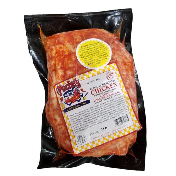 Poche's Stuffed Chicken with Cornbread, 3lb package of partially deboned chicken stuffed with cornbread dressing, in vacuum-sealed packaging.