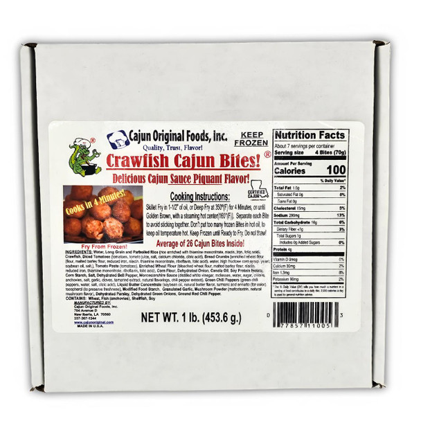 Cajun Original Crawfish Bites 1lb, product packaging with a white box design and nutrition label, showing a picture of cooked crawfish bites on the front.