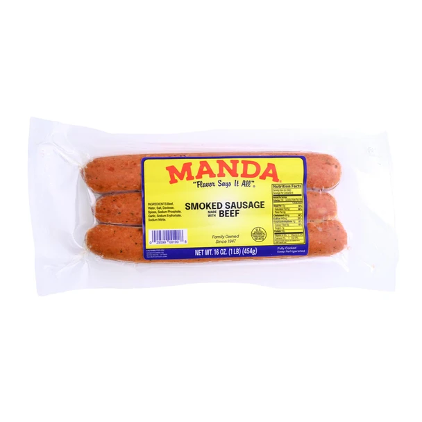 Manda Smoked Beef Sausage 1lb, packaged in clear vacuum-sealed plastic with a yellow label showing the product name and ingredients.
