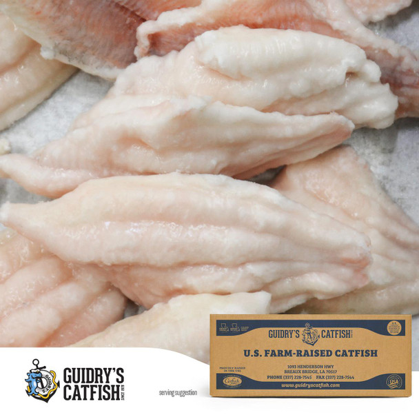 Guidry's Catfish, fresh fillets of U.S. farm-raised catfish weighing 3-5 ounces, displayed with a label indicating the product is farm-raised in the USA.